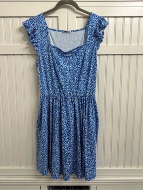 Blue Floral Mini Dress with Ruffle Cap Sleeves